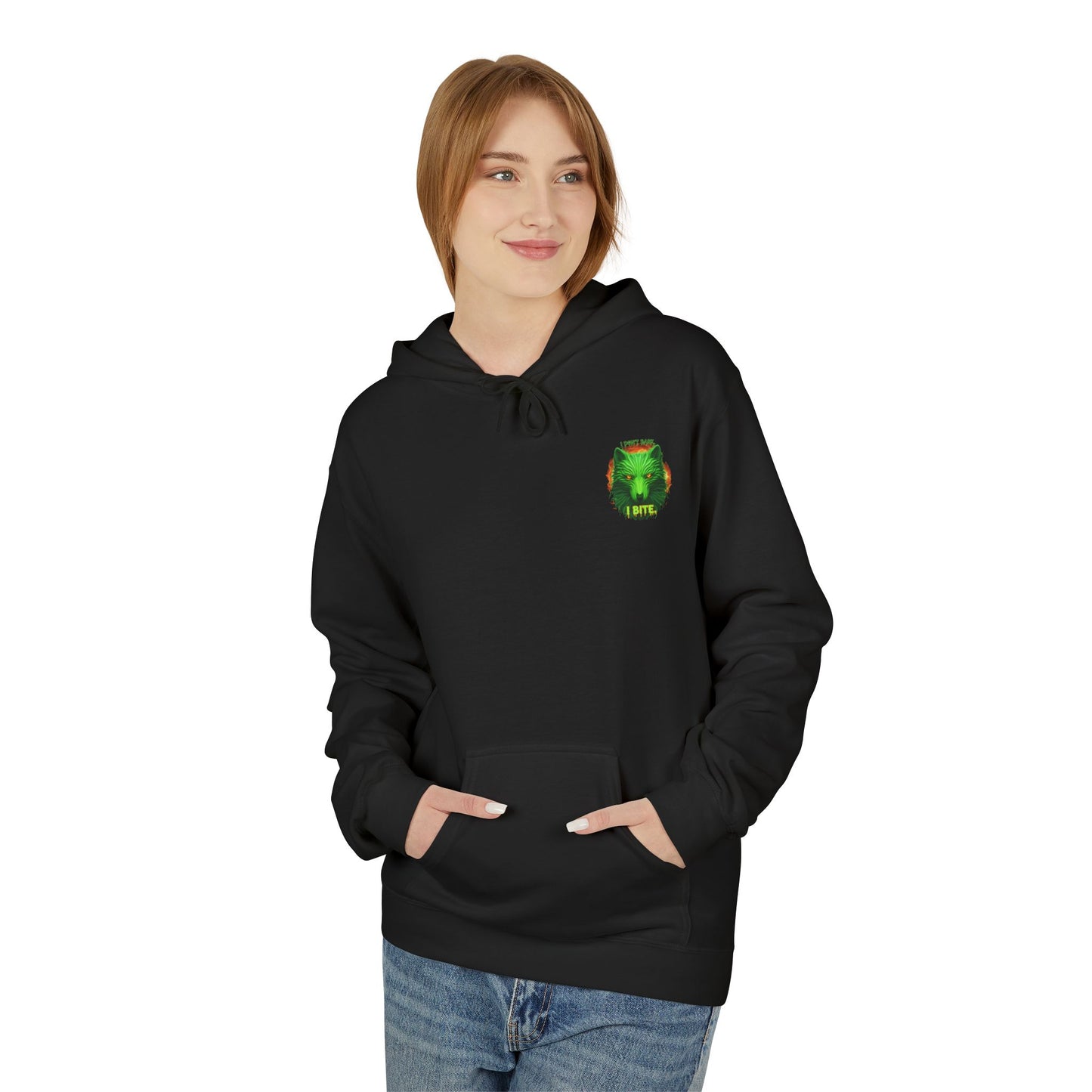 Neon green wolf graphic hoodie for night riders, featuring a bold wolf design on a comfortable Printify hoodie.