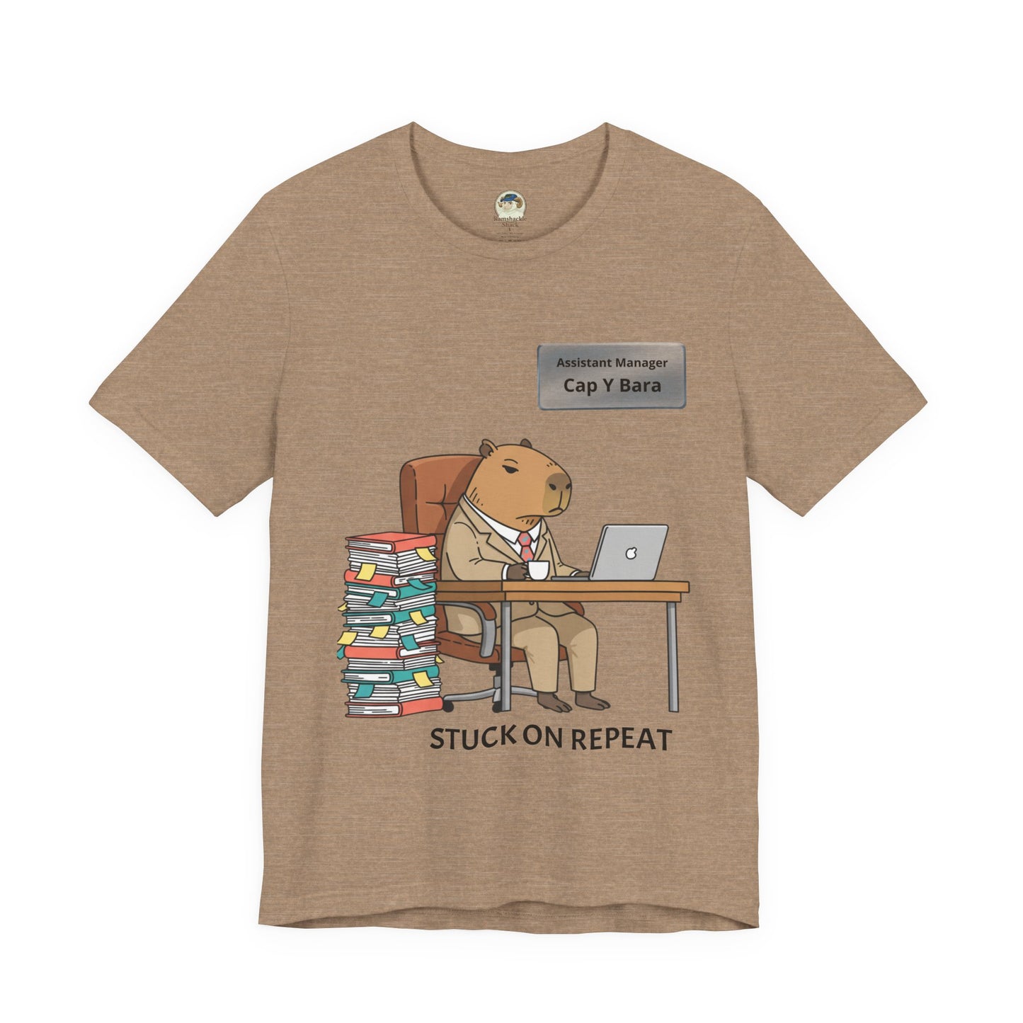 Capybara in Suit Desk Tee, personalized "Stuck on Repeat" T-shirt by Printify, featuring a cute capybara wearing a suit.