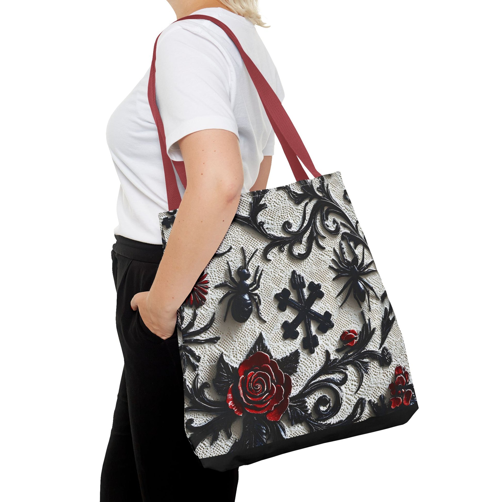 Gothic filigree tote bag with ornate dark floral all-over print, featuring intricate design and spacious bag style by Printify.