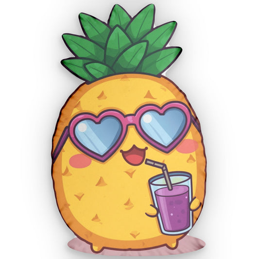 Pineapple Drink Custom Shaped Pillow — Tropical Home Decor & Funny Fruit Gift with Heart Sunglasses, Watercolor Art Decorative Throw Pillow for Summer Vibe Accent - Ramshackle Shack