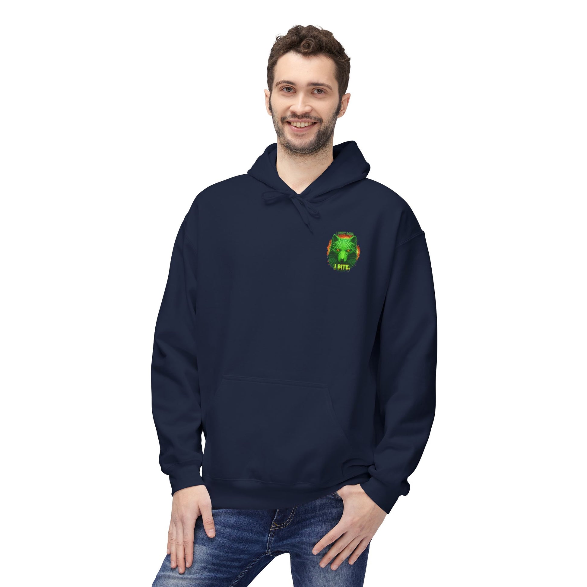 Neon green wolf graphic hoodie for night riders, featuring a bold wolf design on the I Bite Wolf hoodie by Printify.