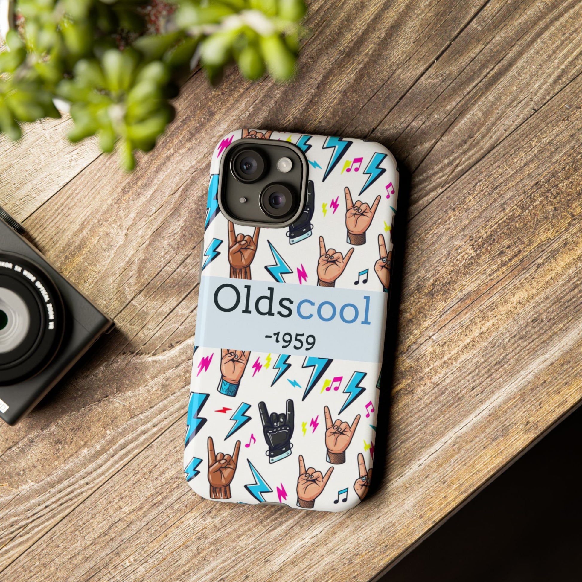Retro Rock 'Oldscool 1959' Phone Case – Lightning & Rock Hand Pattern - Ramshackle Shack