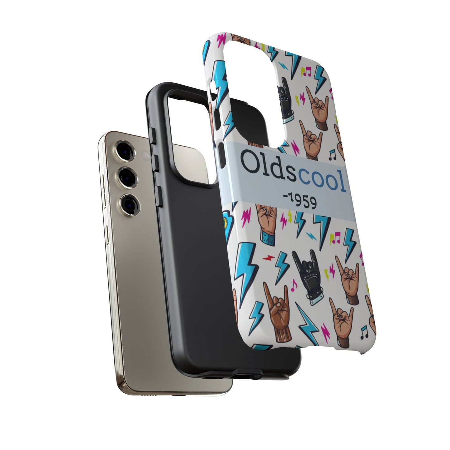 Retro Rock 'Oldscool 1959' Phone Case – Lightning & Rock Hand Pattern - Ramshackle Shack