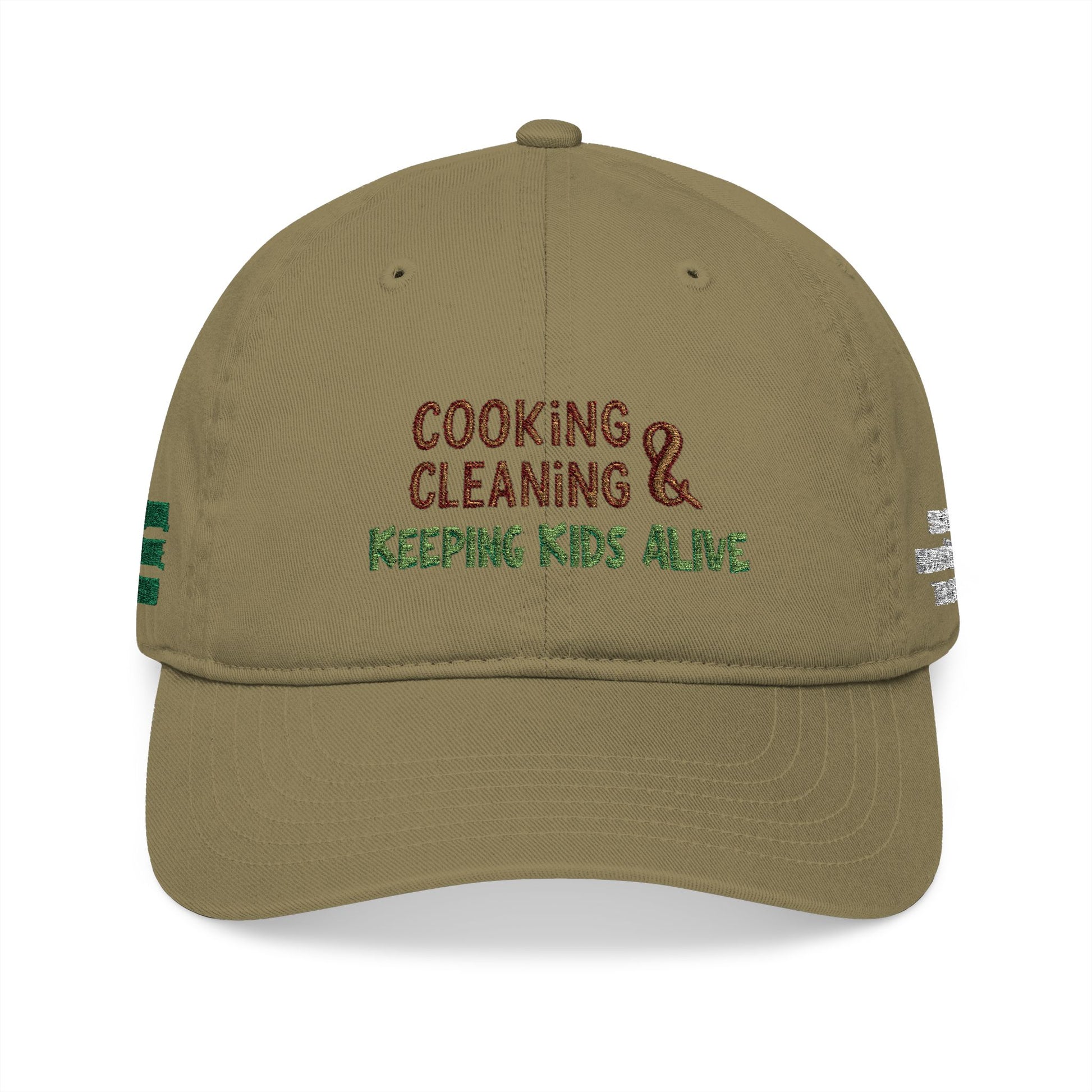 Organic baseball cap with embroidered custom name and "cooking, cleaning & keeping kids alive" slogan, casual hat by Printify.
