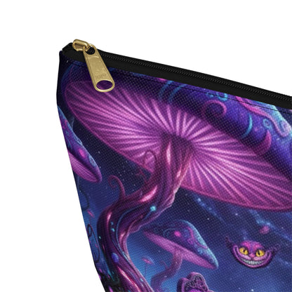 Cheshire Cat mushroom accessory pouch by Printify featuring a whimsical cat face design, perfect for makeup or snacks.