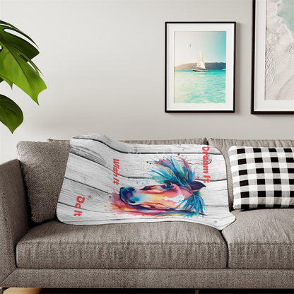 Watercolor horse design Sherpa blanket with two-tone cozy throw, ideal for home decor and added warmth.