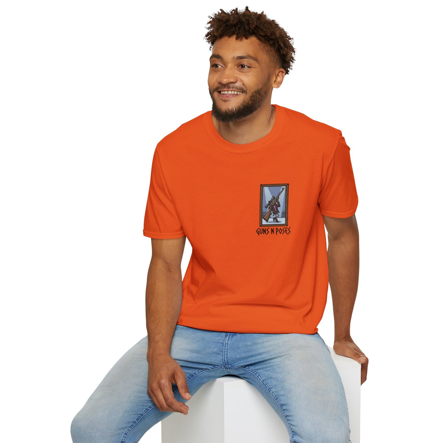 Black T-shirt featuring artwork from "Guns in Poses" gallery, with detailed gun illustrations and artistic design.