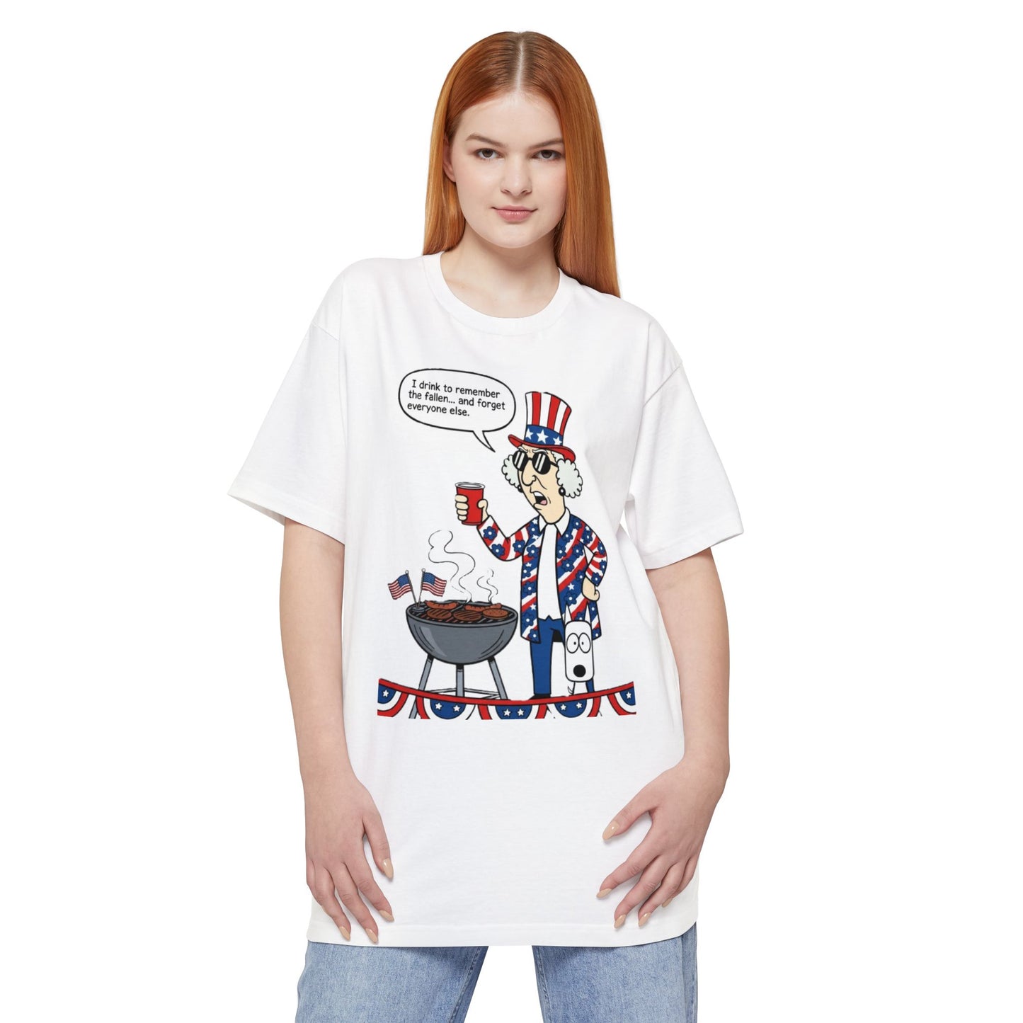 Sassy Max "I Drink to Remember" patriotic funny graphic T-shirt by Printify, featuring bold text and red, white, and blue design.