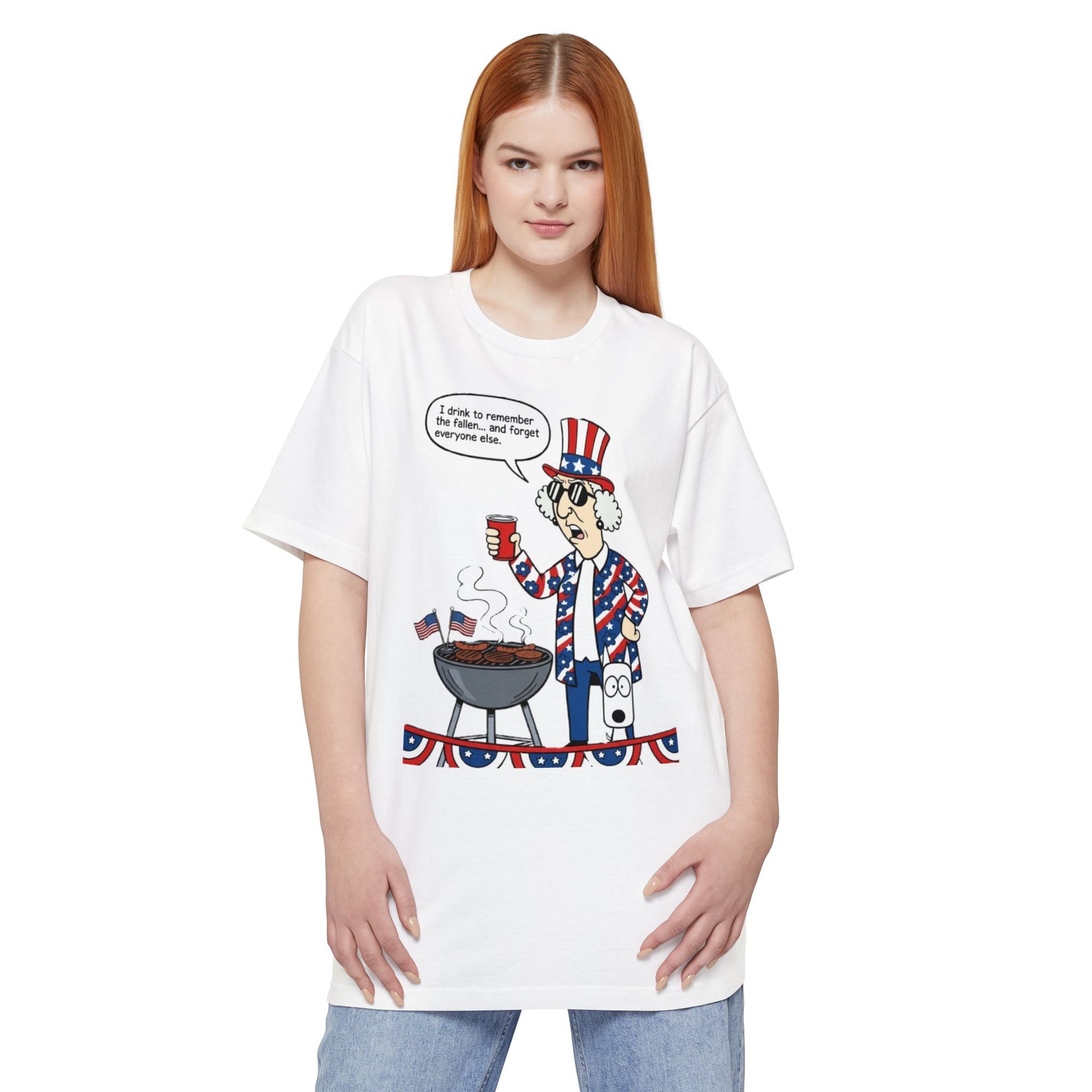 Sassy Max "I Drink to Remember" patriotic funny graphic T-shirt by Printify, featuring bold text and red, white, and blue design.