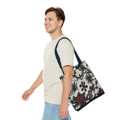 Gothic filigree tote bag with ornate dark floral all-over print, featuring intricate designs on a stylish bag from Printify.