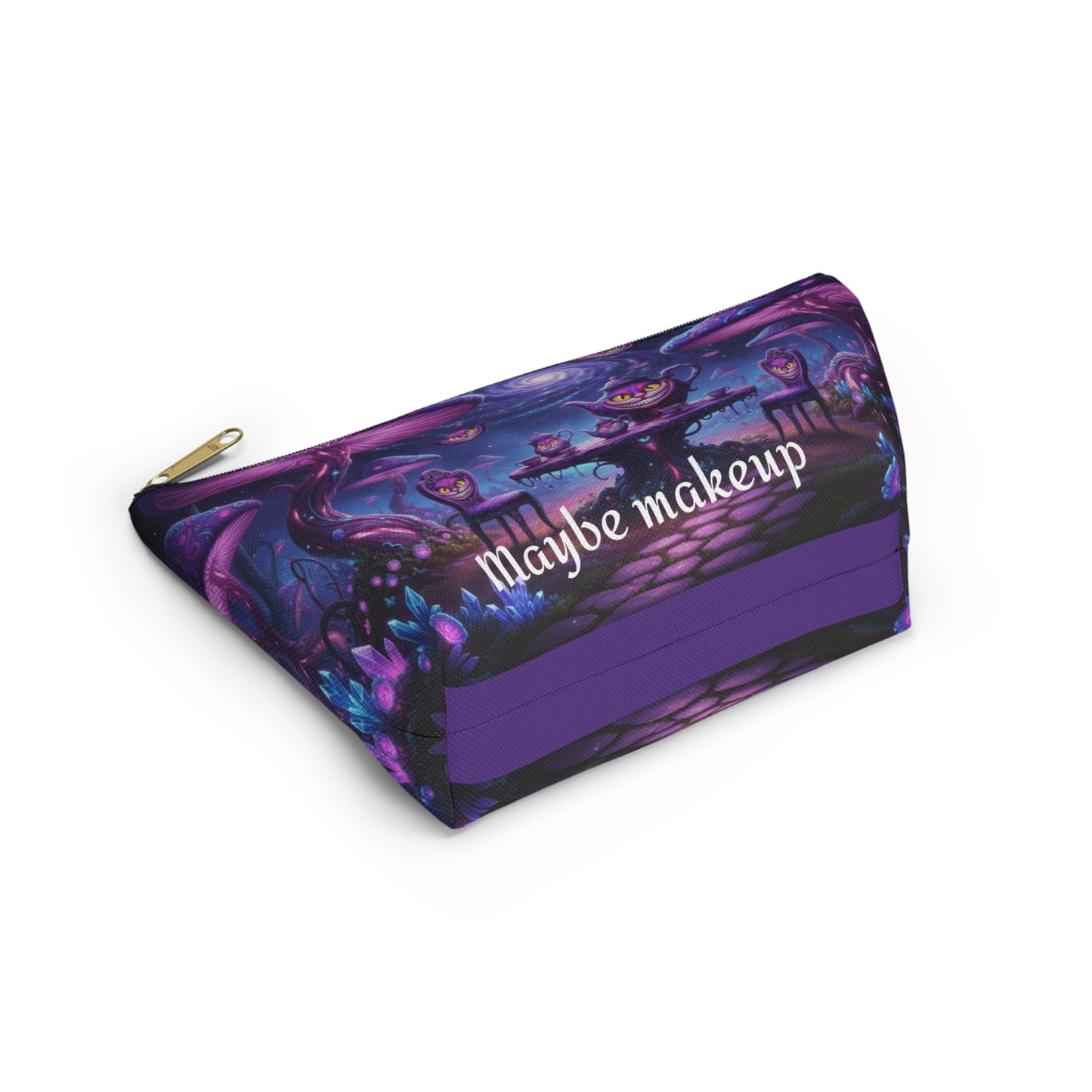 Cheshire Cat mushroom accessory pouch by Printify featuring whimsical cat and mushroom design, perfect for makeup or snacks.