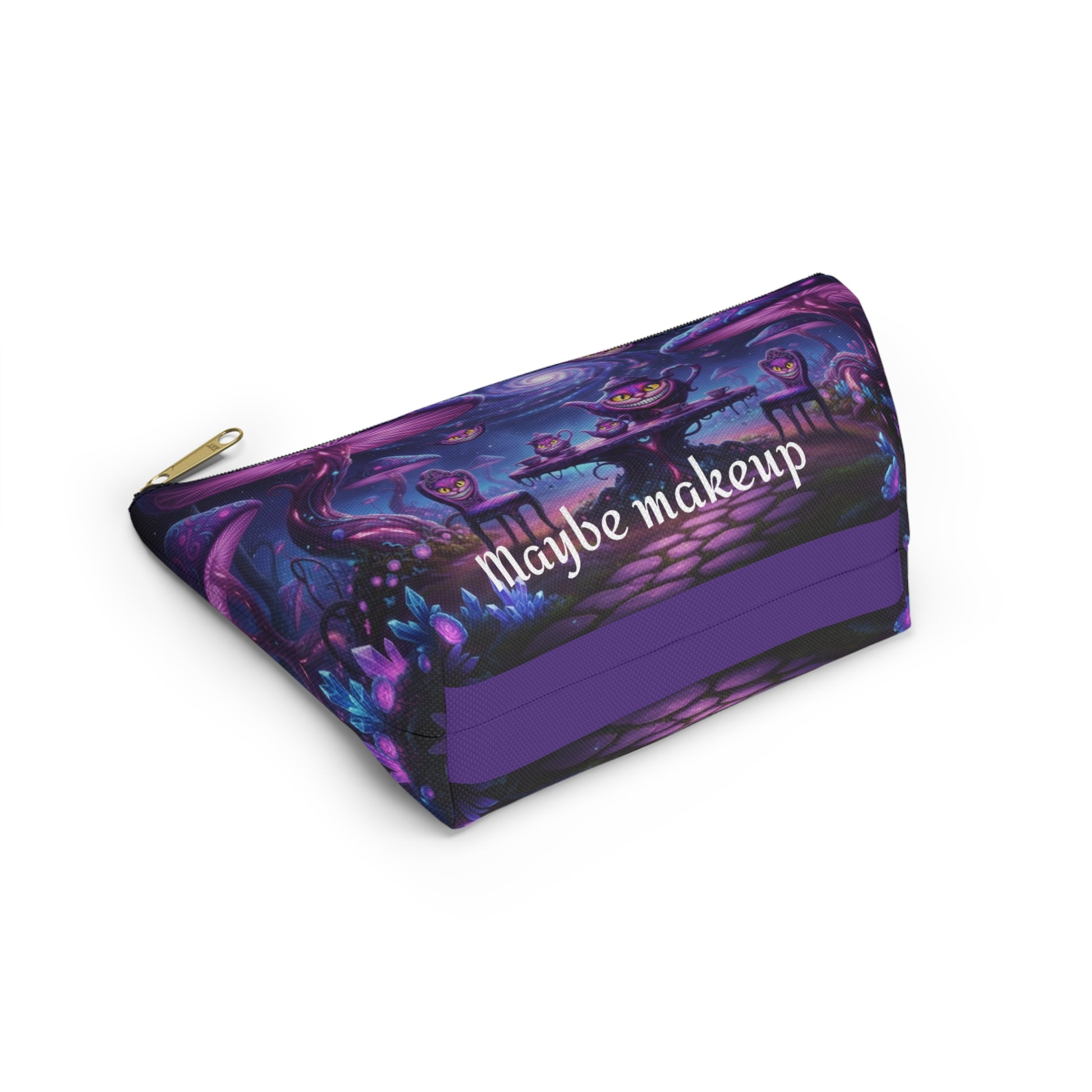 Cheshire Cat mushroom accessory pouch by Printify featuring whimsical cat and mushroom design, perfect for makeup or snacks.