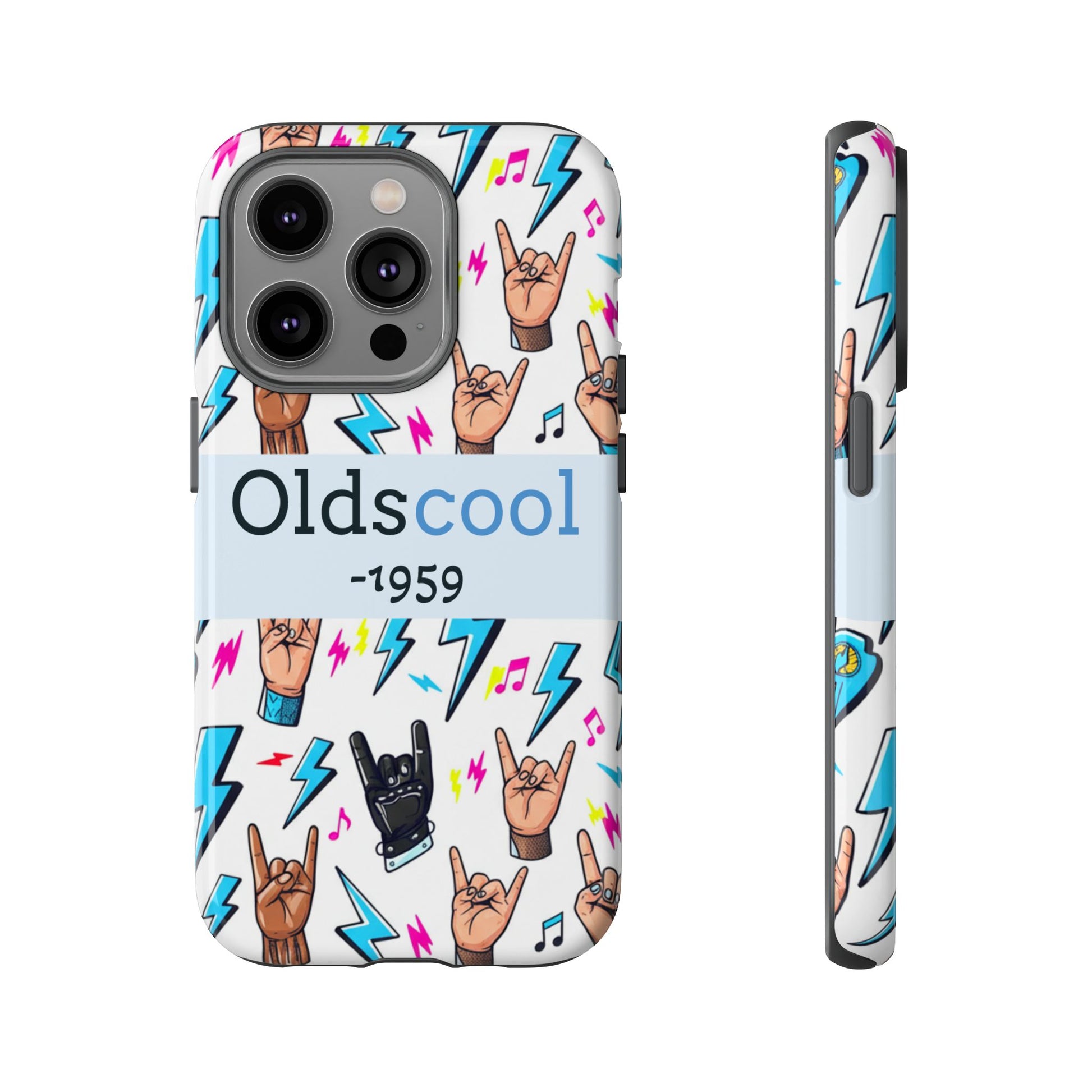 Retro Rock 'Oldscool 1959' Phone Case – Lightning & Rock Hand Pattern - Ramshackle Shack