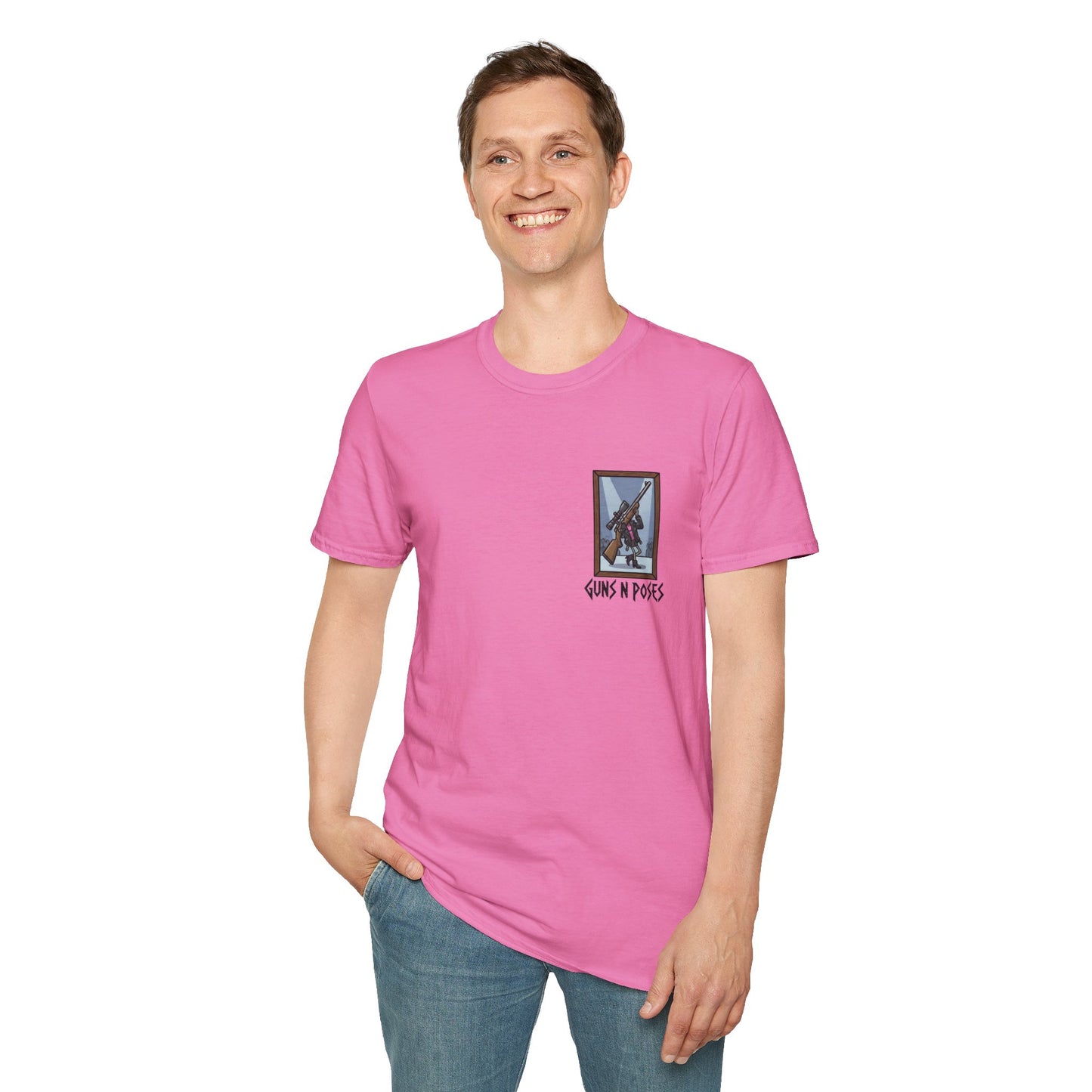Black t-shirt featuring artwork from "Guns in Poses" gallery, showcasing high-caliber gun illustrations and artistic designs.