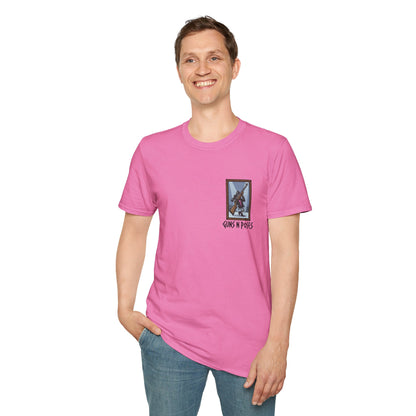Black t-shirt featuring artwork from "Guns in Poses" gallery, showcasing high-caliber gun illustrations and artistic designs.