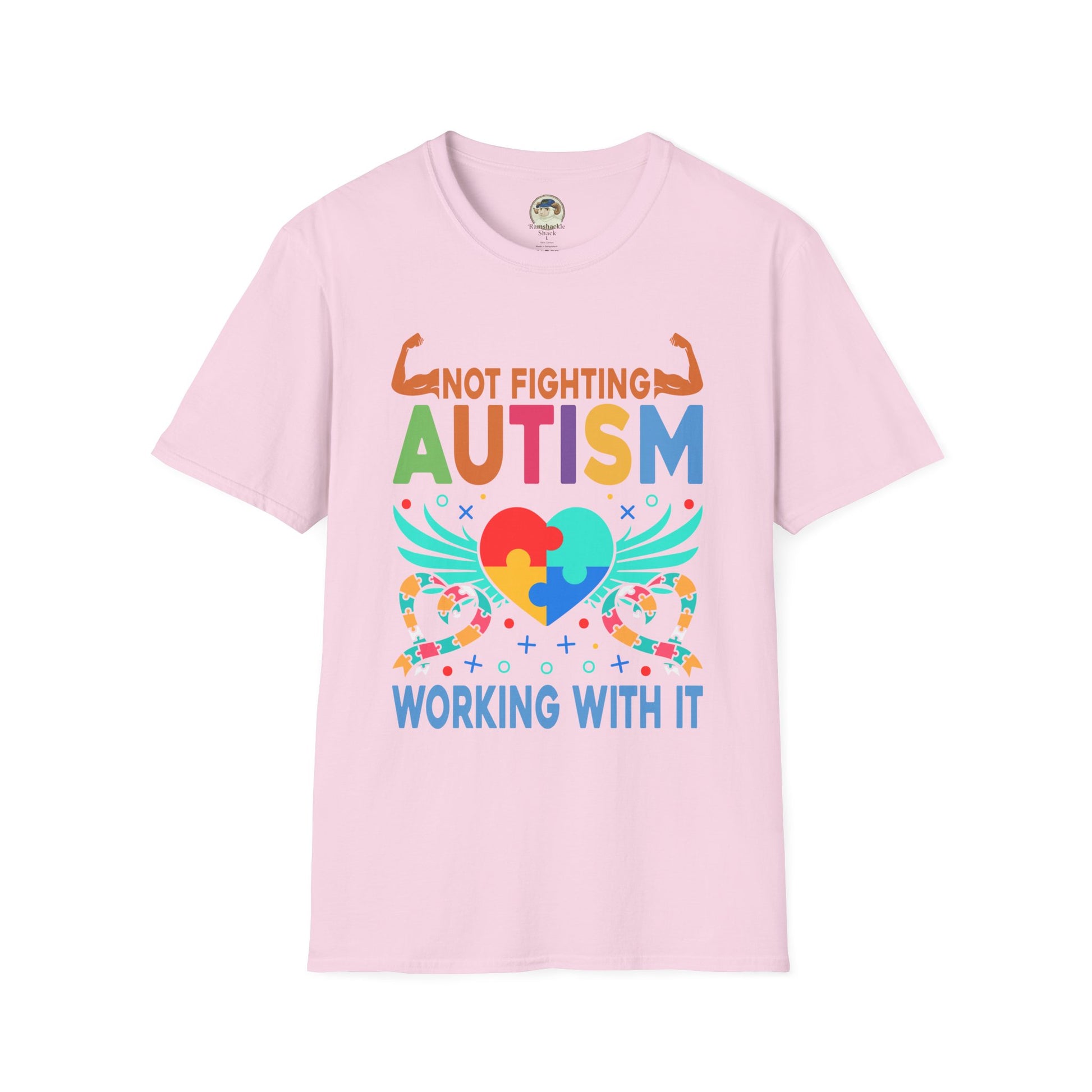 Autism Awareness T-Shirt — "Not Fighting Autism, Working With It" Puzzle Ribbon Tee - Ramshackle Shack