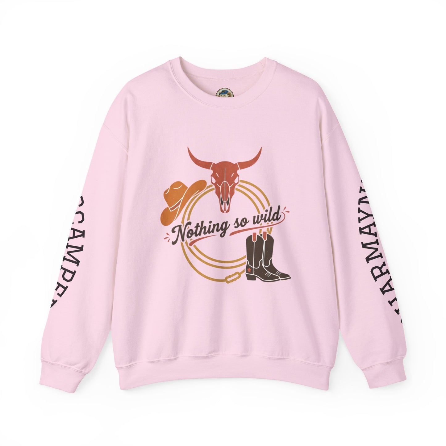 Printify Nothing So Wild crewneck sweatshirt with personalized Western rider photo and custom sleeve name, cozy casual wear.