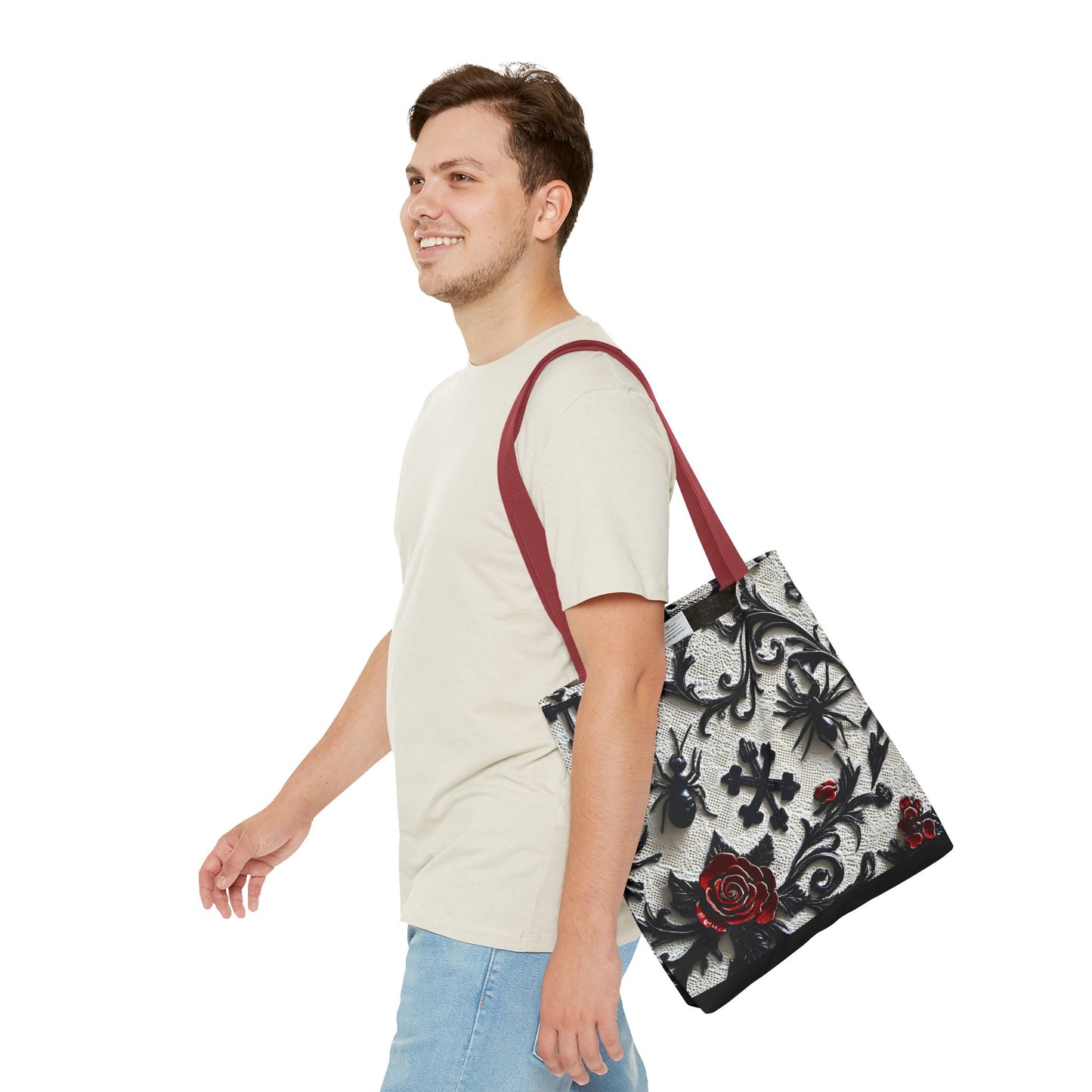 Gothic filigree tote bag with ornate dark floral all-over print, featuring intricate design and sturdy handles.
