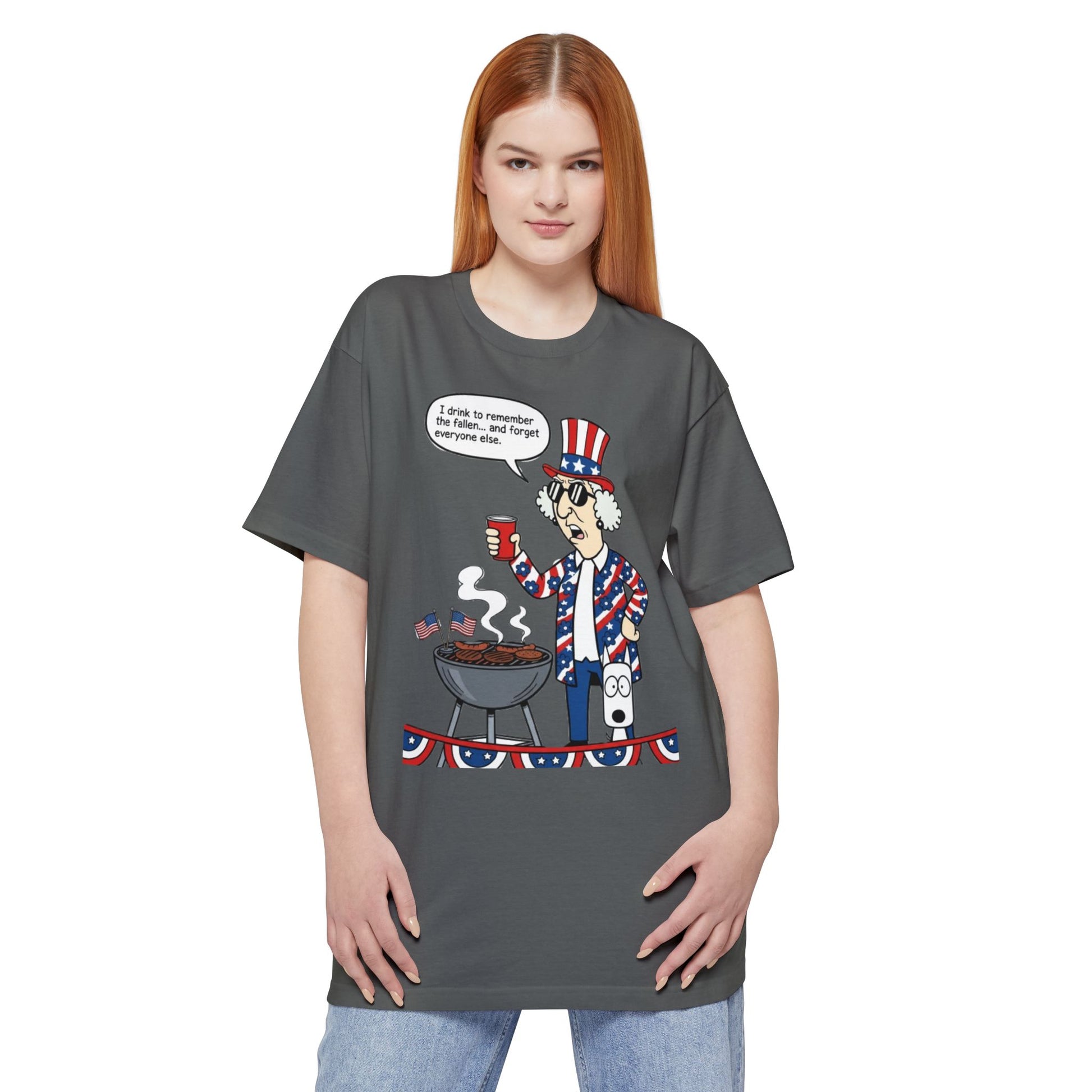 Printify Sassy Max patriotic graphic T-shirt featuring "I Drink to Remember" slogan on a tall beefy-t® tee, casual style for men.