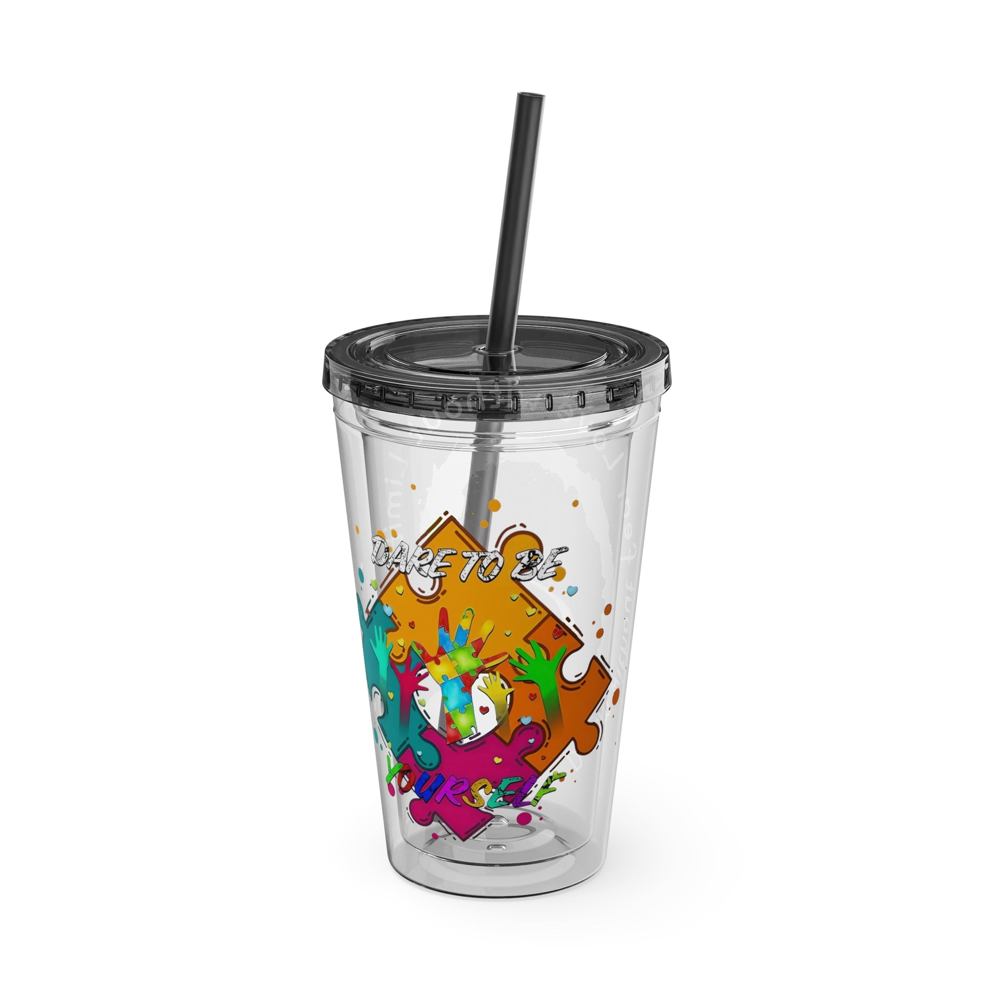 16oz Printify Sunsplash Tumbler with straw featuring watercolor elephant and paint-splatter puzzle designs.