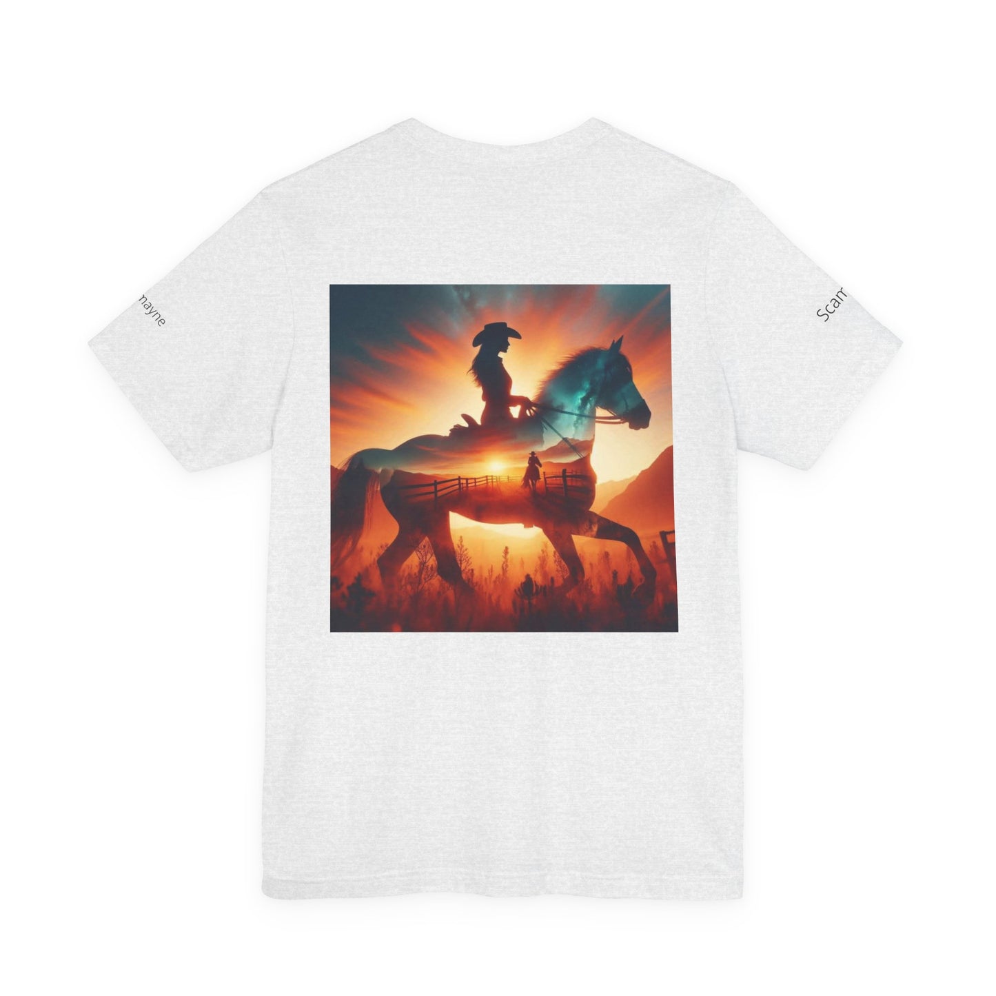 Personalized western sunset T-shirt from Nothing So Wild Rider Tee collection, featuring a vibrant sunset design on a casual T-shirt.