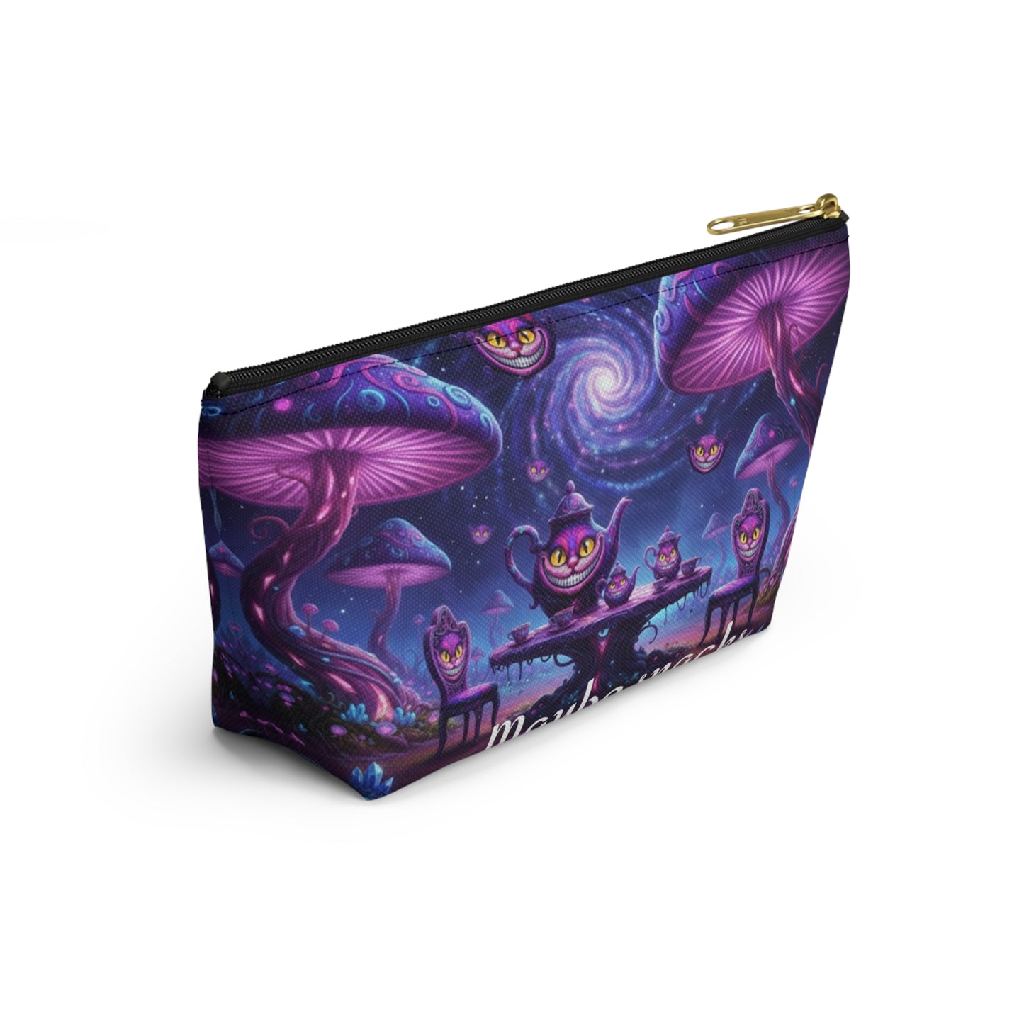 Cheshire Cat mushroom accessory pouch by Printify, featuring a whimsical design, ideal for makeup or snacks storage.