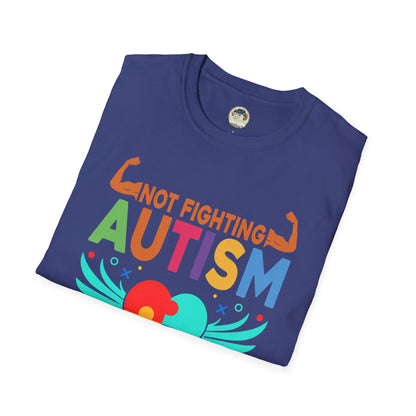 Autism Awareness T-Shirt — "Not Fighting Autism, Working With It" Puzzle Ribbon Tee - Ramshackle Shack