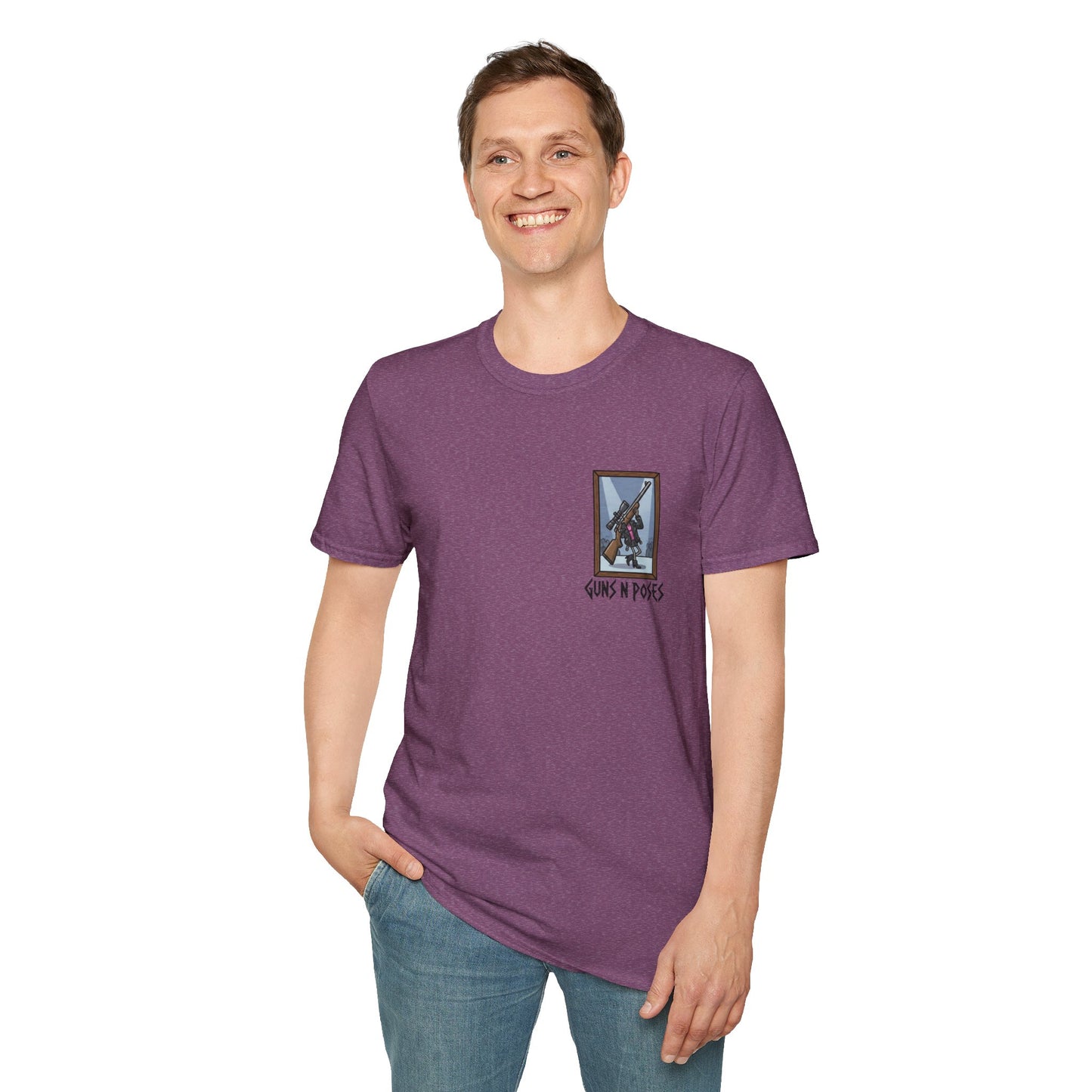 Black T-shirt featuring artwork from "Guns in Poses" gallery, with bold gun illustrations and artistic design by Printify.