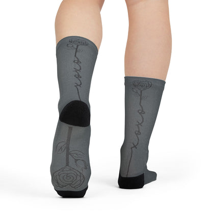 XOXO Rose crew socks with sublimated floral graphic all-over print, featuring vibrant rose and floral designs by Printify.