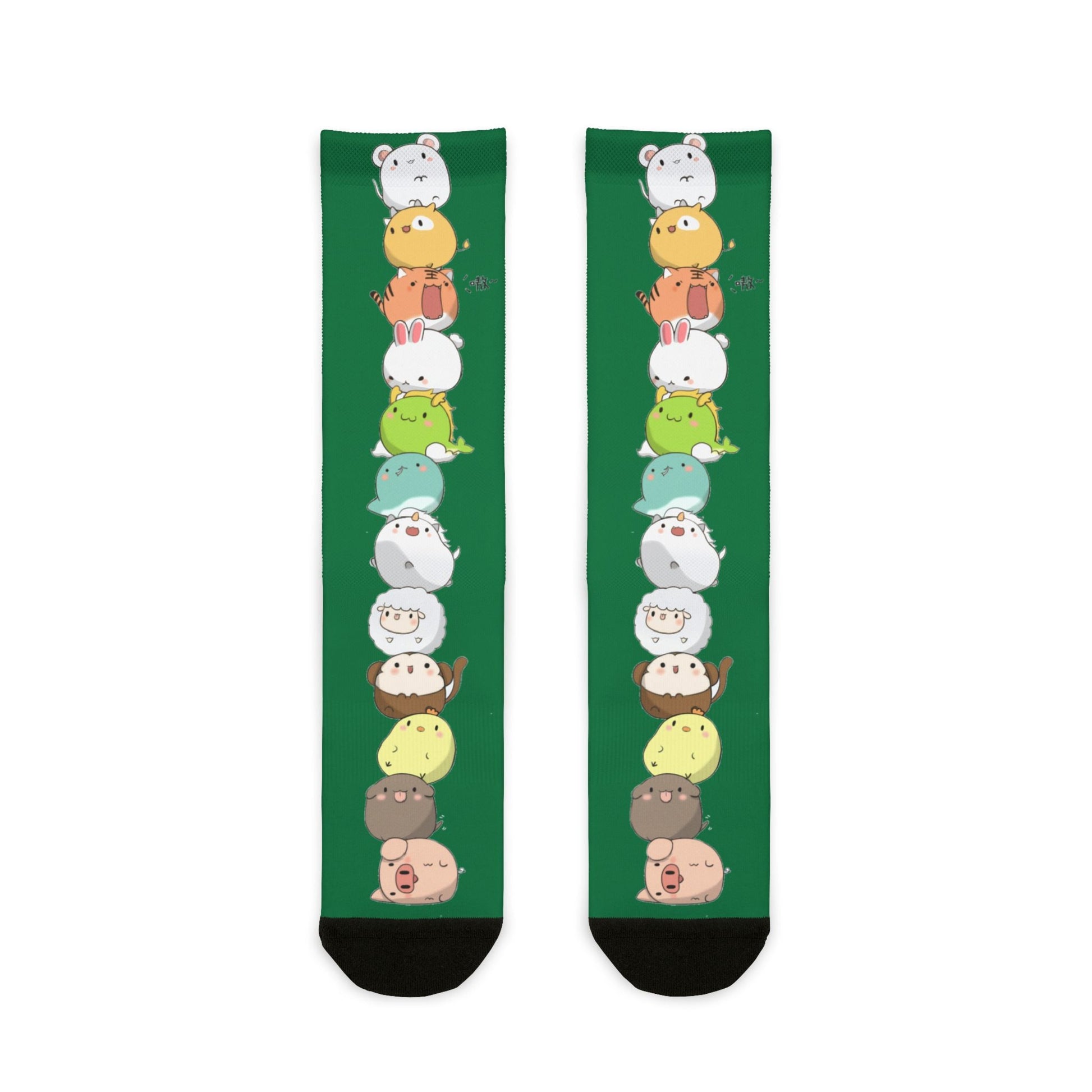 Green all-over print crew socks featuring stacked kawaii cartoon animals in a cute, colorful design by Printify