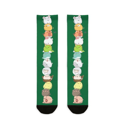 Green all-over print crew socks featuring stacked kawaii cartoon animals in a cute, colorful design by Printify