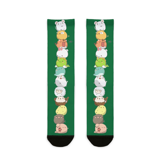 Green all-over print crew socks featuring stacked kawaii cartoon animals in a cute, colorful design by Printify