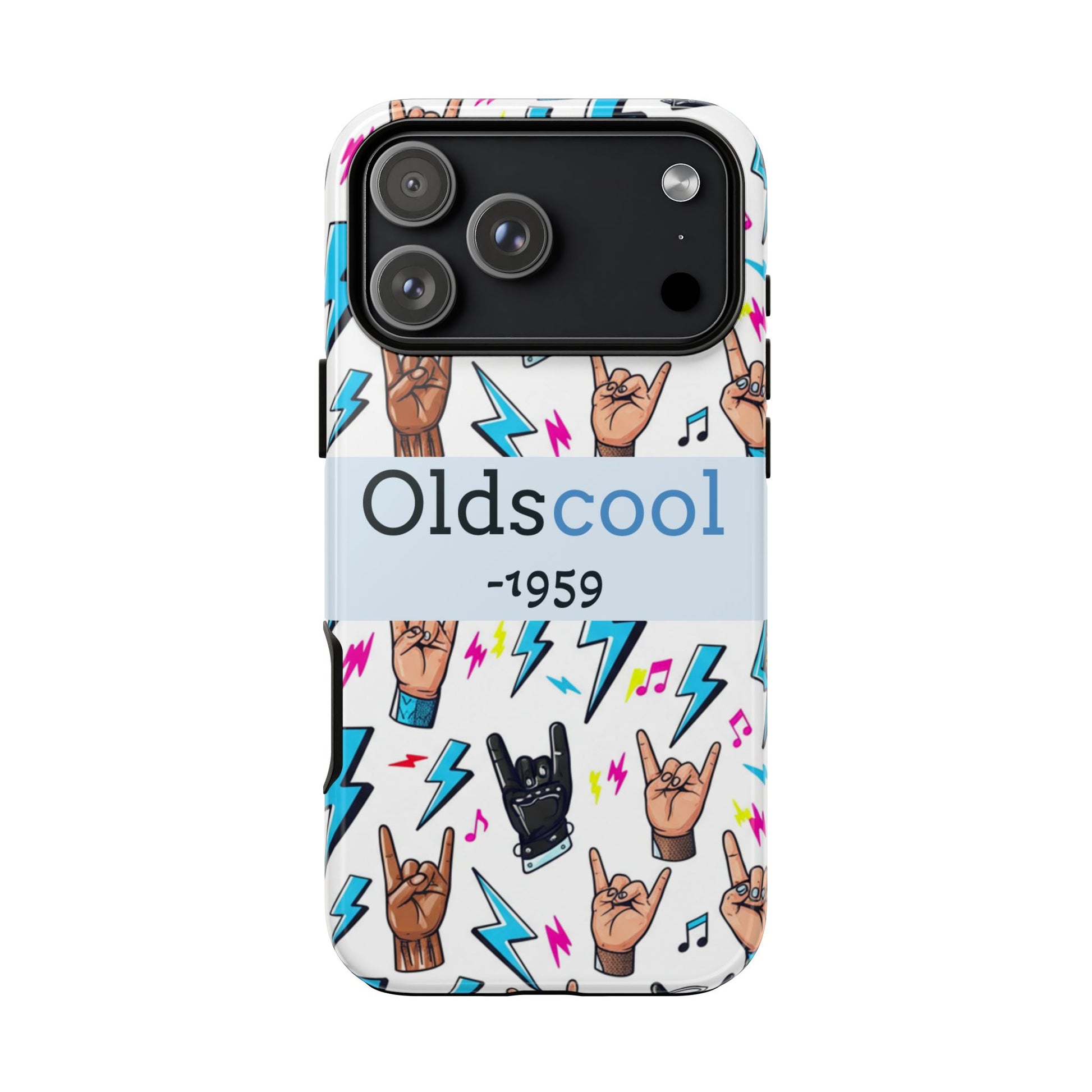 Retro Rock 'Oldscool 1959' Phone Case – Lightning & Rock Hand Pattern - Ramshackle Shack