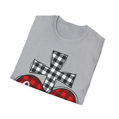 Faith and Love Christian T-Shirt | Plaid Heart and Cross Religious Graphic Tee - Ramshackle Shack