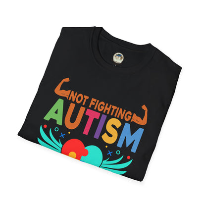 Autism Awareness T-Shirt — "Not Fighting Autism, Working With It" Puzzle Ribbon Tee - Ramshackle Shack