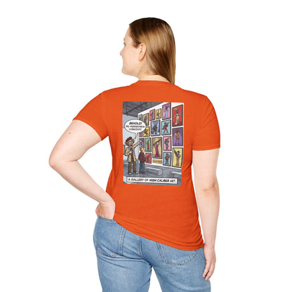 Black T-shirt featuring artwork from "Guns in Poses" gallery, showcasing high-caliber gun illustrations on the front.
