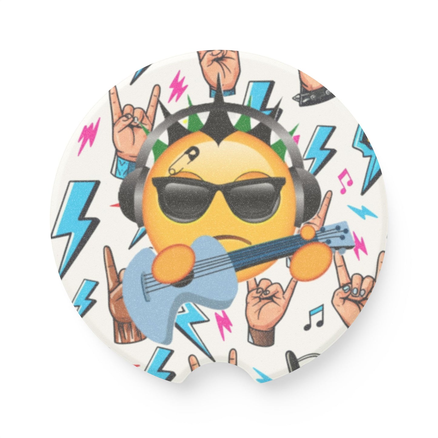 Rock Emoji Absorbent Car Coasters — Rock and Roll Gifts for Guitar Lovers | Soapstone Cup Holder Insert for Music Themed Car Decor - Ramshackle Shack