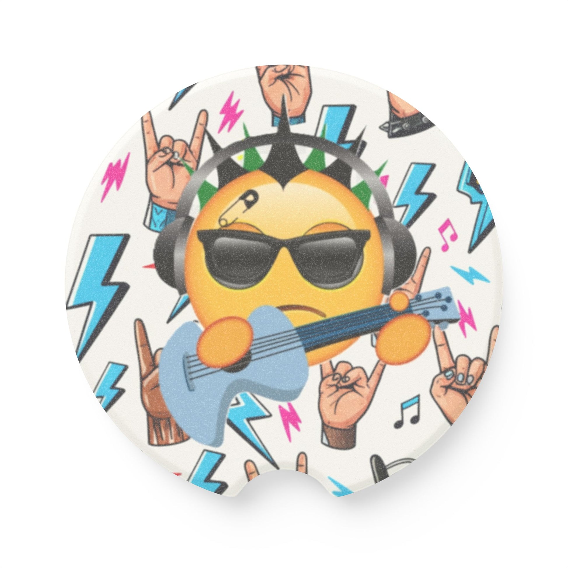 Rock Emoji Absorbent Car Coasters — Rock and Roll Gifts for Guitar Lovers | Soapstone Cup Holder Insert for Music Themed Car Decor - Ramshackle Shack