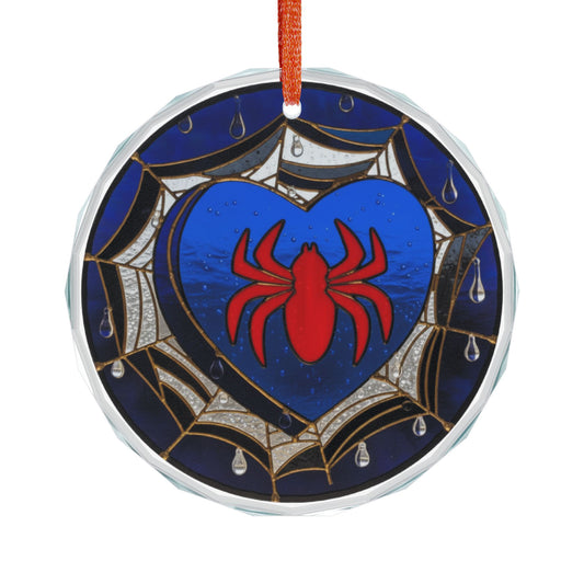 Spider Heart stained glass suncatcher ornament featuring Spiderman-inspired web and heart design, perfect for home decor.