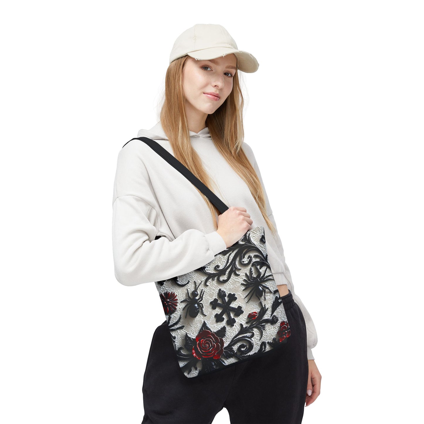 Gothic filigree tote bag with an ornate dark floral all-over print, featuring intricate design and sturdy handles.