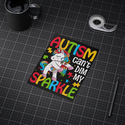 Autism Can't Dim My Sparkle print on paper product by Printify, featuring colorful, empowering design with sparkles and vibrant text.