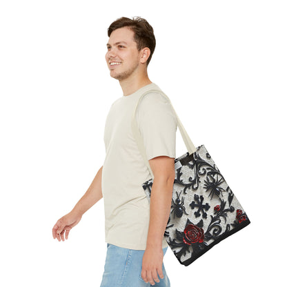 Gothic filigree tote bag by Printify featuring an ornate dark floral all-over print on a black bag with detailed design.
