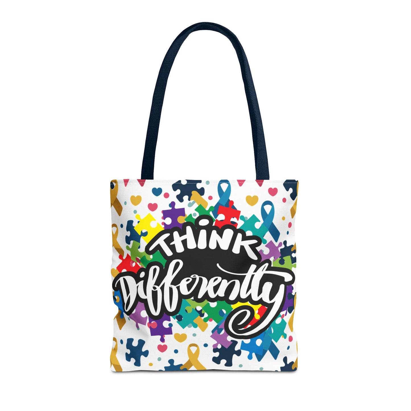 Colorful puzzle ribbon design on a Think Differently Autism Awareness tote bag by Printify.