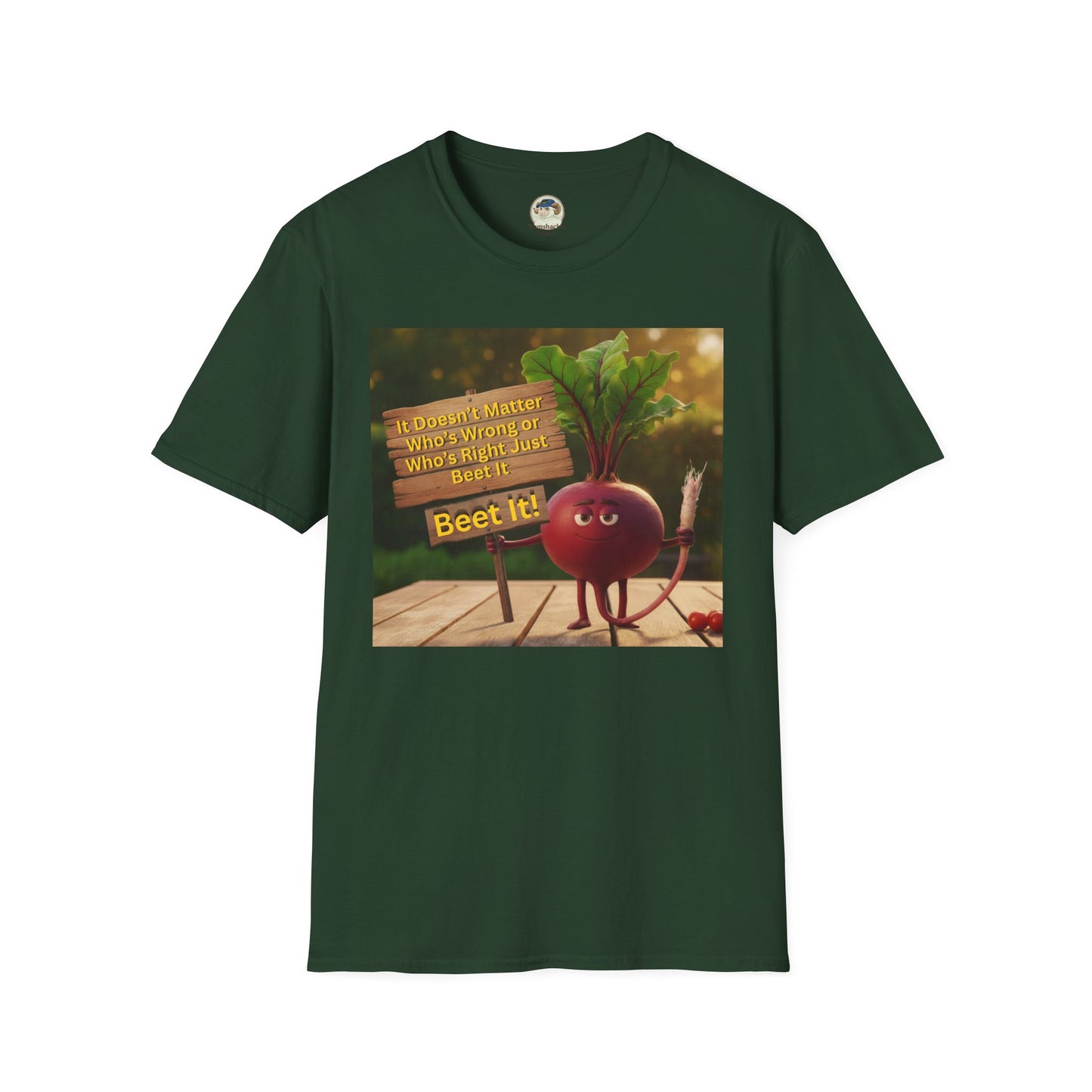 Unisex softstyle T-shirt with humorous beetroot graphic and "Just Beet It!" slogan, casual print by Printify.