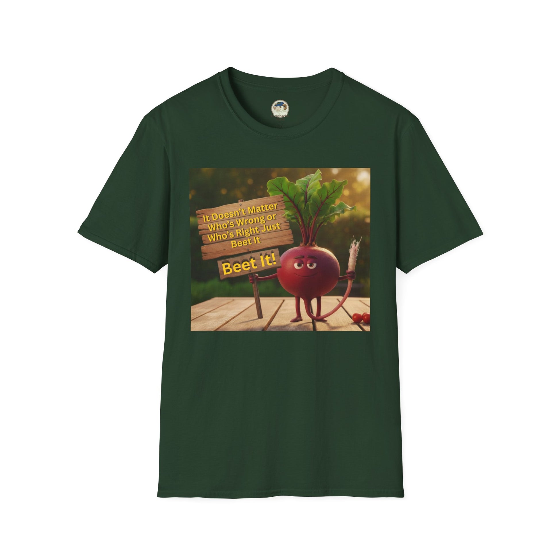 Unisex softstyle T-shirt with humorous beetroot graphic and "Just Beet It!" slogan, casual print by Printify.