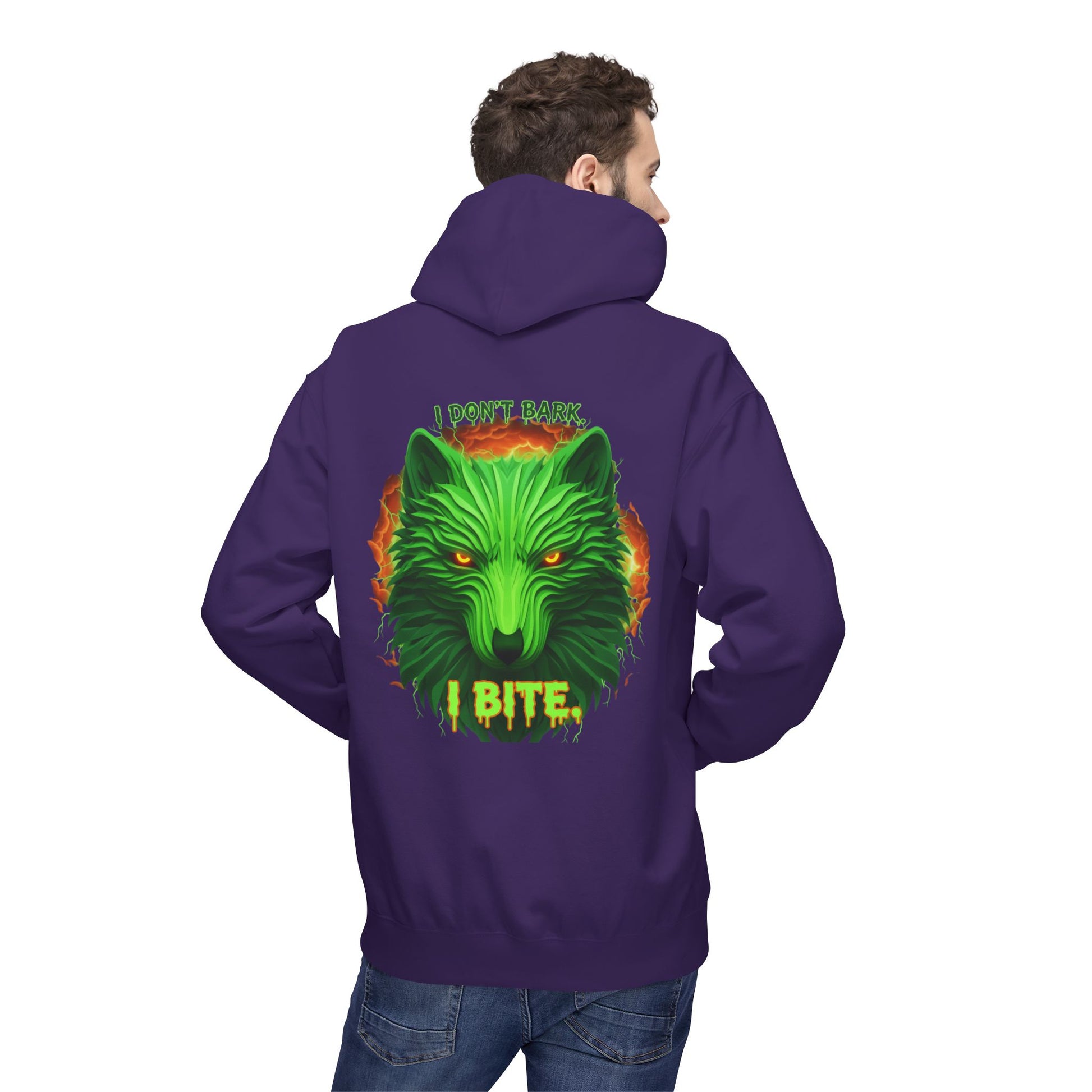 Neon green wolf graphic hoodie for night riders, I Bite Wolf Hoodie by Printify, featuring a bold wolf design on a cozy hoodie.