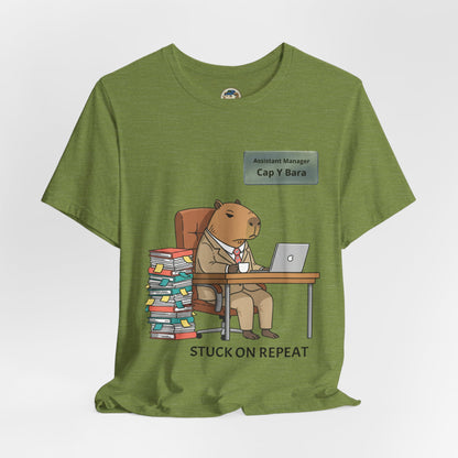 Gray T-shirt featuring a playful capybara in a suit graphic, with "Stuck on Repeat" and personalized nameplate design.