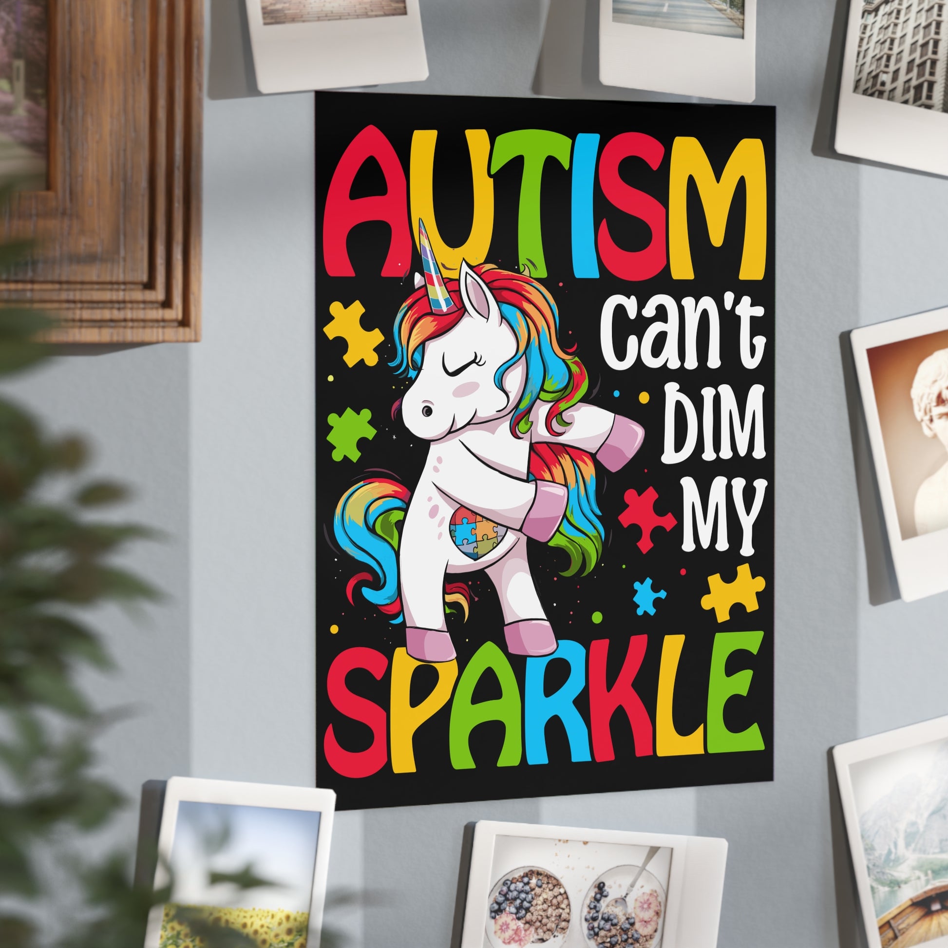 Autism Can't Dim My Sparkle print on paper product by Printify, featuring colorful, empowering text and vibrant design.