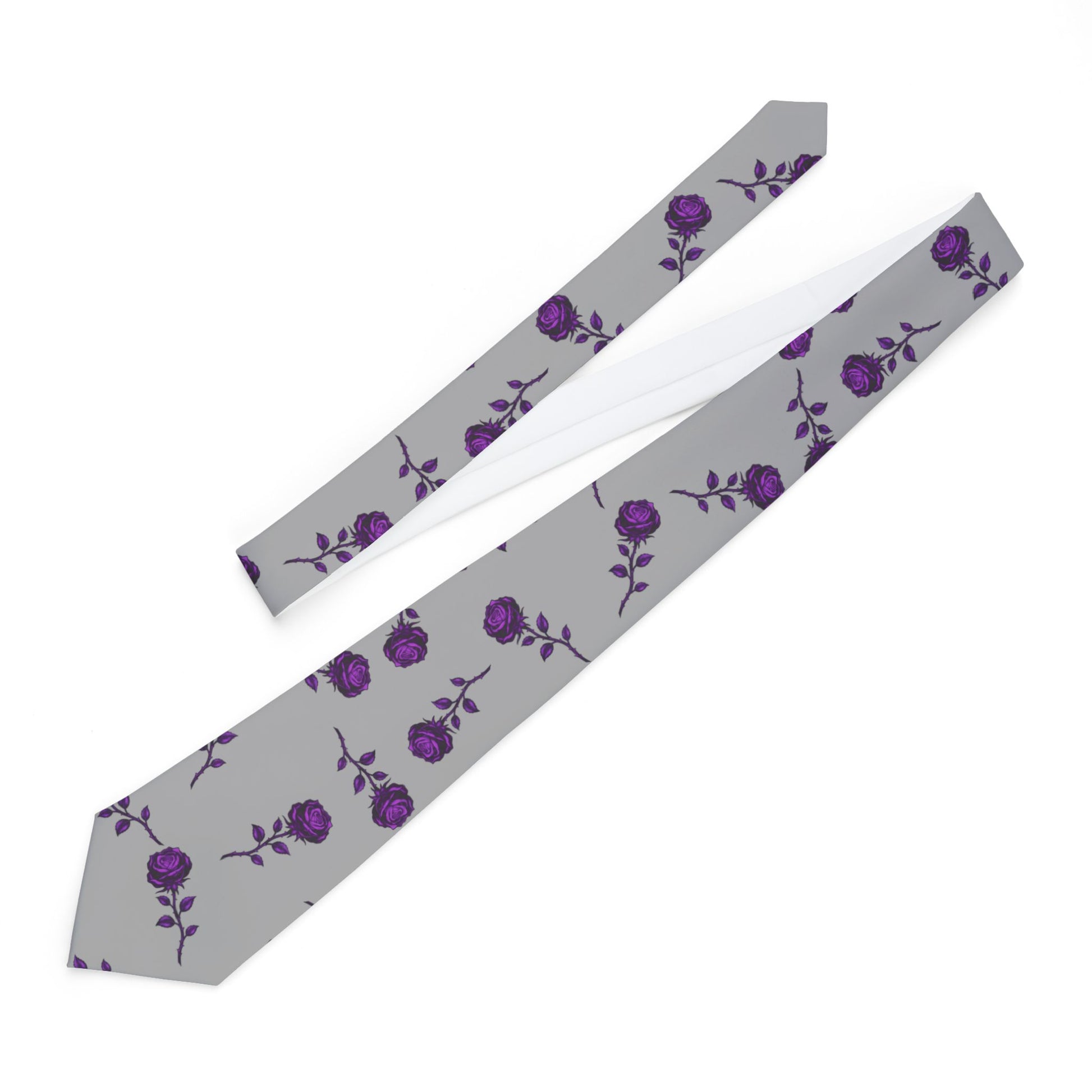 Purple Rose Pattern Necktie — Floral Grey Men's Tie for Weddings & Gifts - Ramshackle Shack