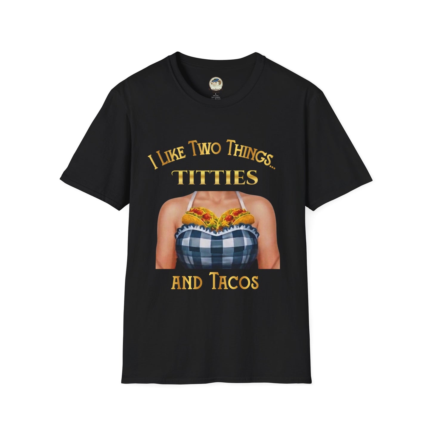 Funny graphic T-shirt by Printify featuring the phrase “I Like Two Things: Titties and Tacos” with taco illustrations.